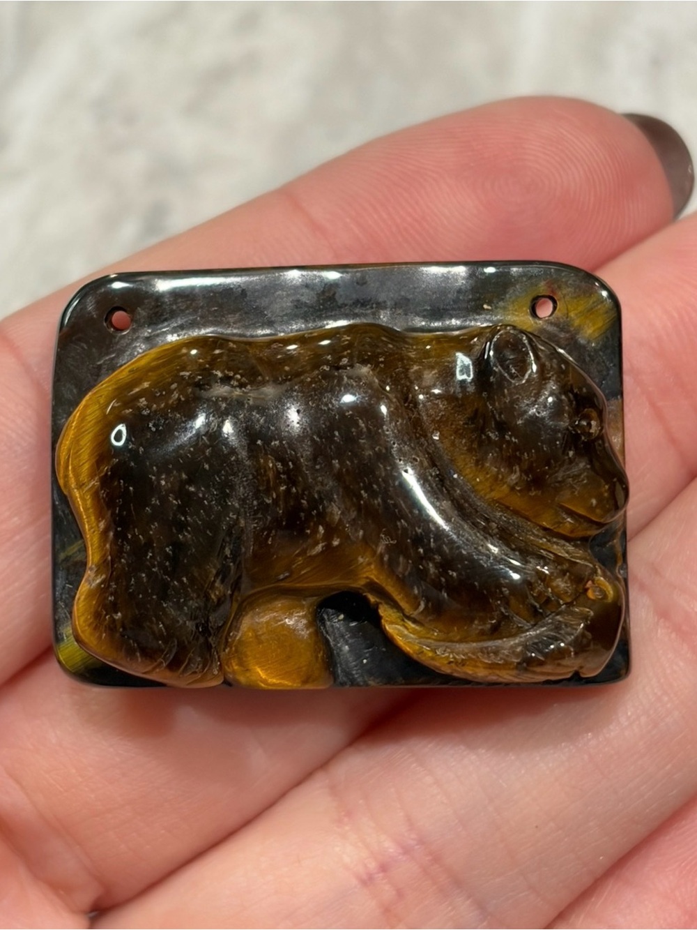 Tigers Eye Stone Pendant Brown Bear Carved Gemstone Figure Animal Bears Jewelry